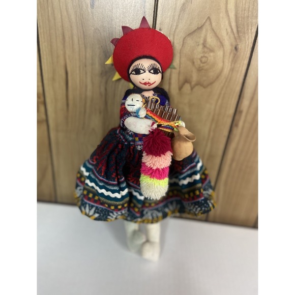Vintage Embroidered Peruvian Folk Art Doll Handmade with 2Babies & Panpipes - Picture 2 of 16